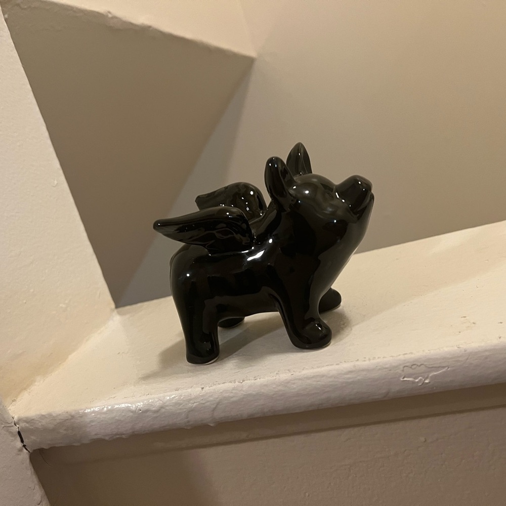 Glossy Black Ceramic Winged Pig Figurine